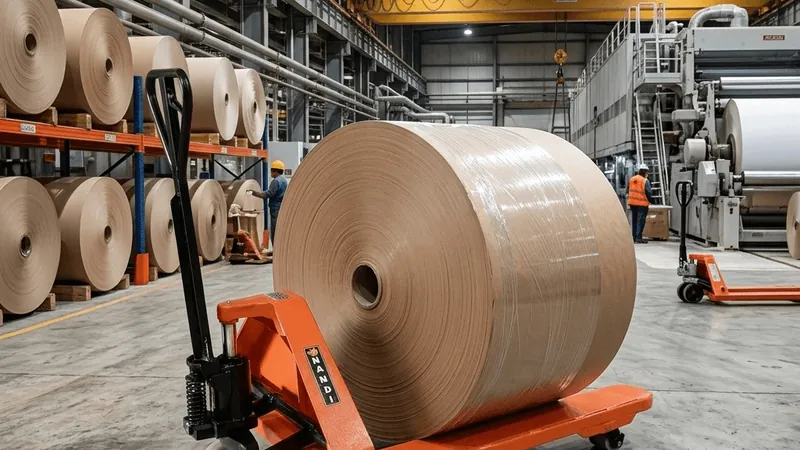 A large paper reel cradled on a Nandi hydraulic reel trolley inside a paper mill