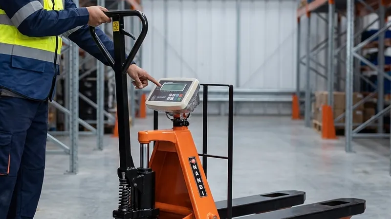 An operator reading the indicator on a Nandi pallet truck with integrated weighing scale