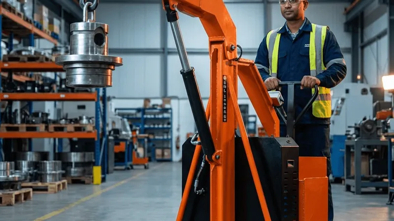 A technician operating a Nandi semi-electric jib crane lifting a machined component